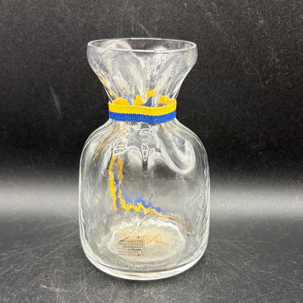 SEA Glasbruk Sweden Vintage Clear Glass Bag Sack Vase Pinched Neck, Labeled